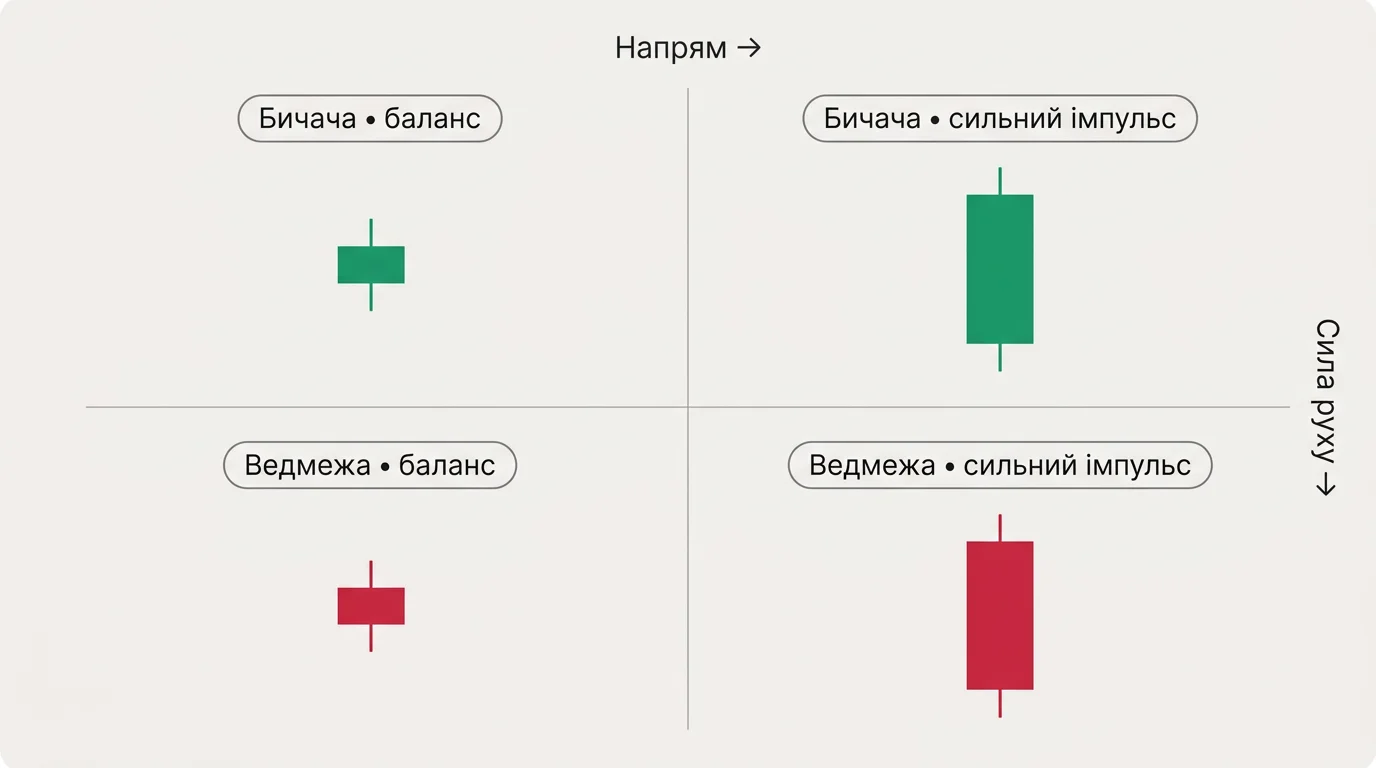 Матриця свічок 2×2: по горизонталі — напрям (бичача/ведмежа), по вертикалі — сила руху (баланс або сильний імпульс)