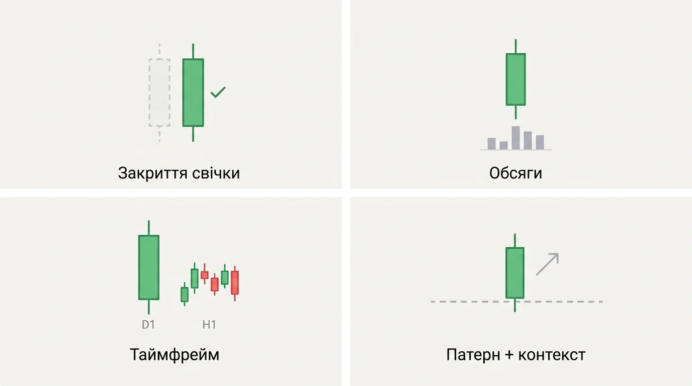 Сітка 2×2 з чотирма візуальними нагадуваннями: закриття свічки, обсяги під свічкою, старший і молодший таймфрейм, патерн поруч із рівнем і трендом