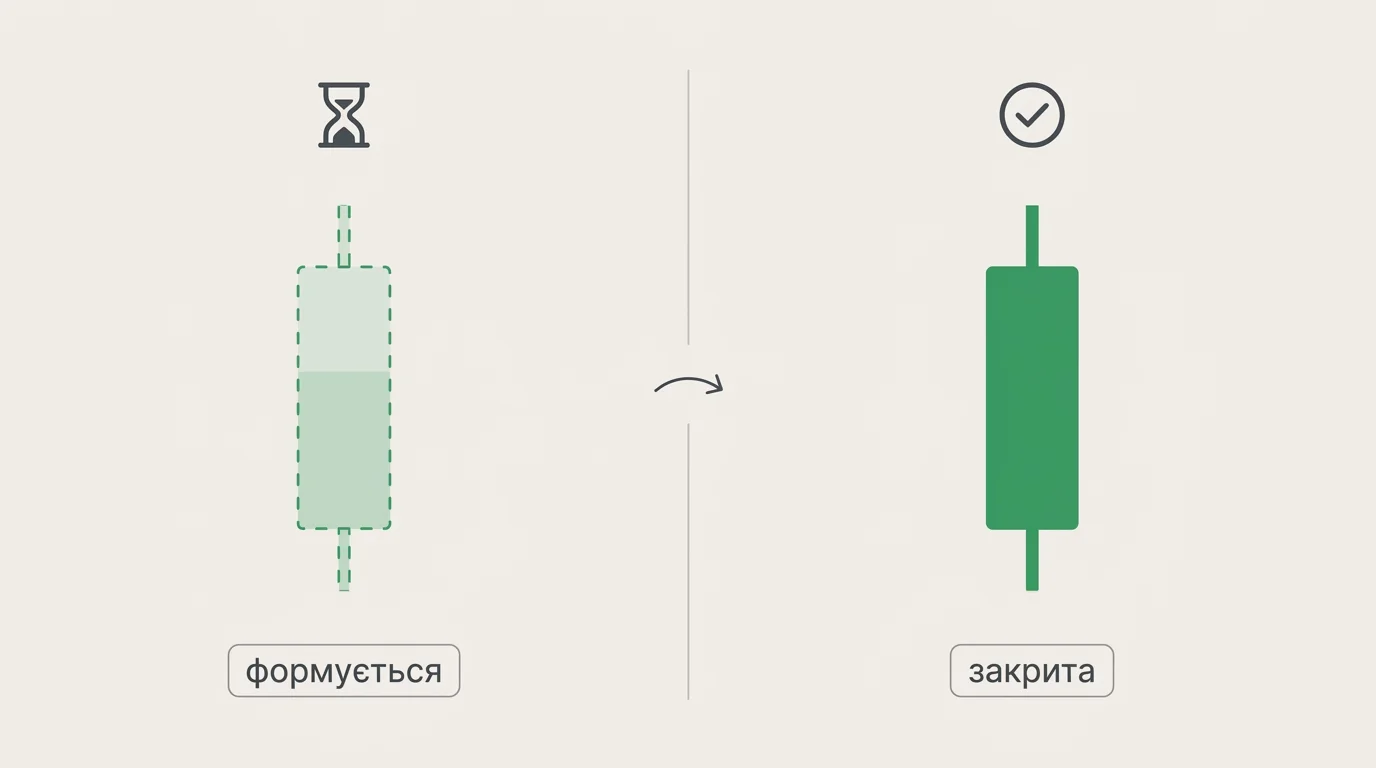 Порівняння свічок: ліва — пунктирна напівпрозора з іконкою пісочного годинника і підписом «формується», права — суцільна з позначкою і підписом «закрита»
