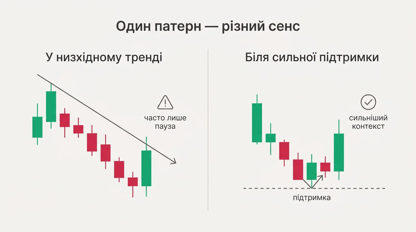 Порівняння двох сценаріїв: зліва той самий бичачий патерн у низхідному тренді — часто лише пауза; справа той самий патерн біля сильної підтримки — сильніший контекст