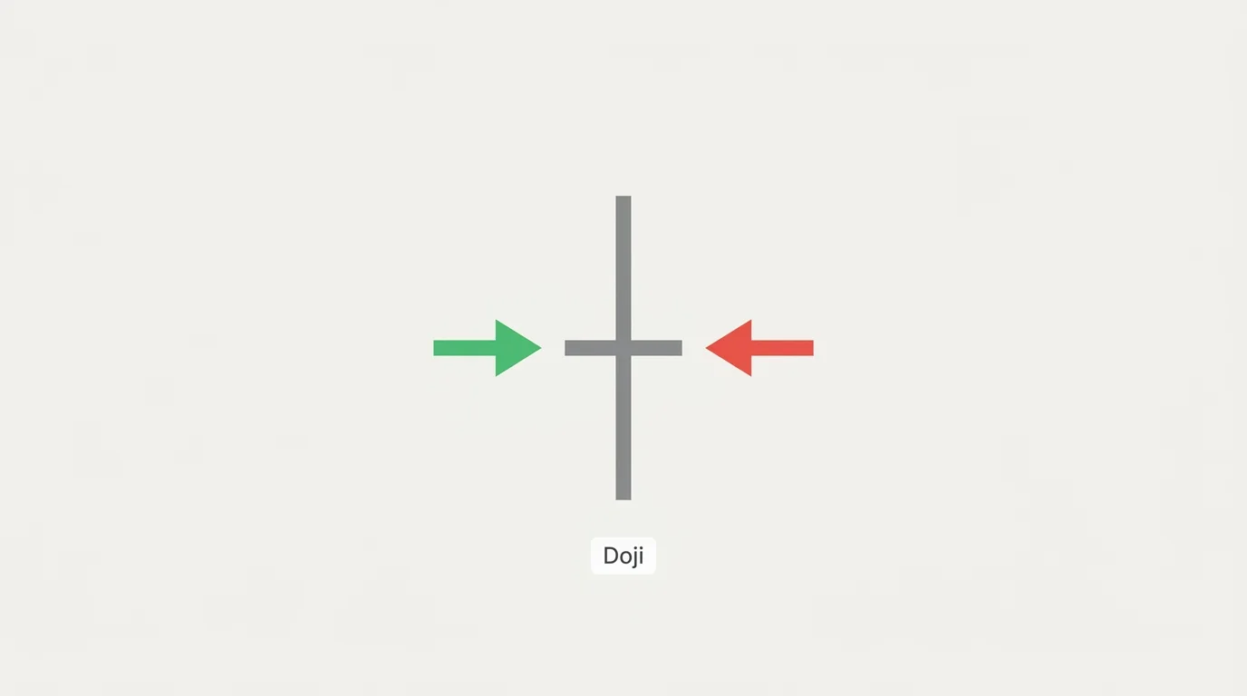 Свічка Doji з майже відсутнім тілом (тонкий хрест) і рівними тінями зверху і знизу; зліва — зелена стрілка покупців, справа — червона стрілка продавців однакового розміру