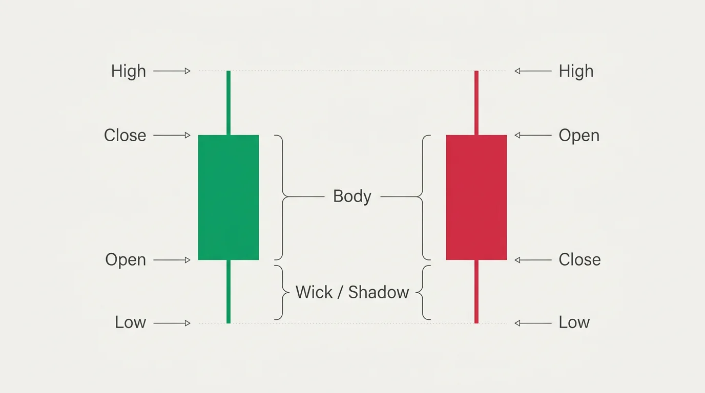 Порівняння бичачої (зелена) і ведмежої (червона) свічок: High, Low, Open, Close, тіло (Body) і тіні (Wick / Shadow) з протилежним положенням Open і Close