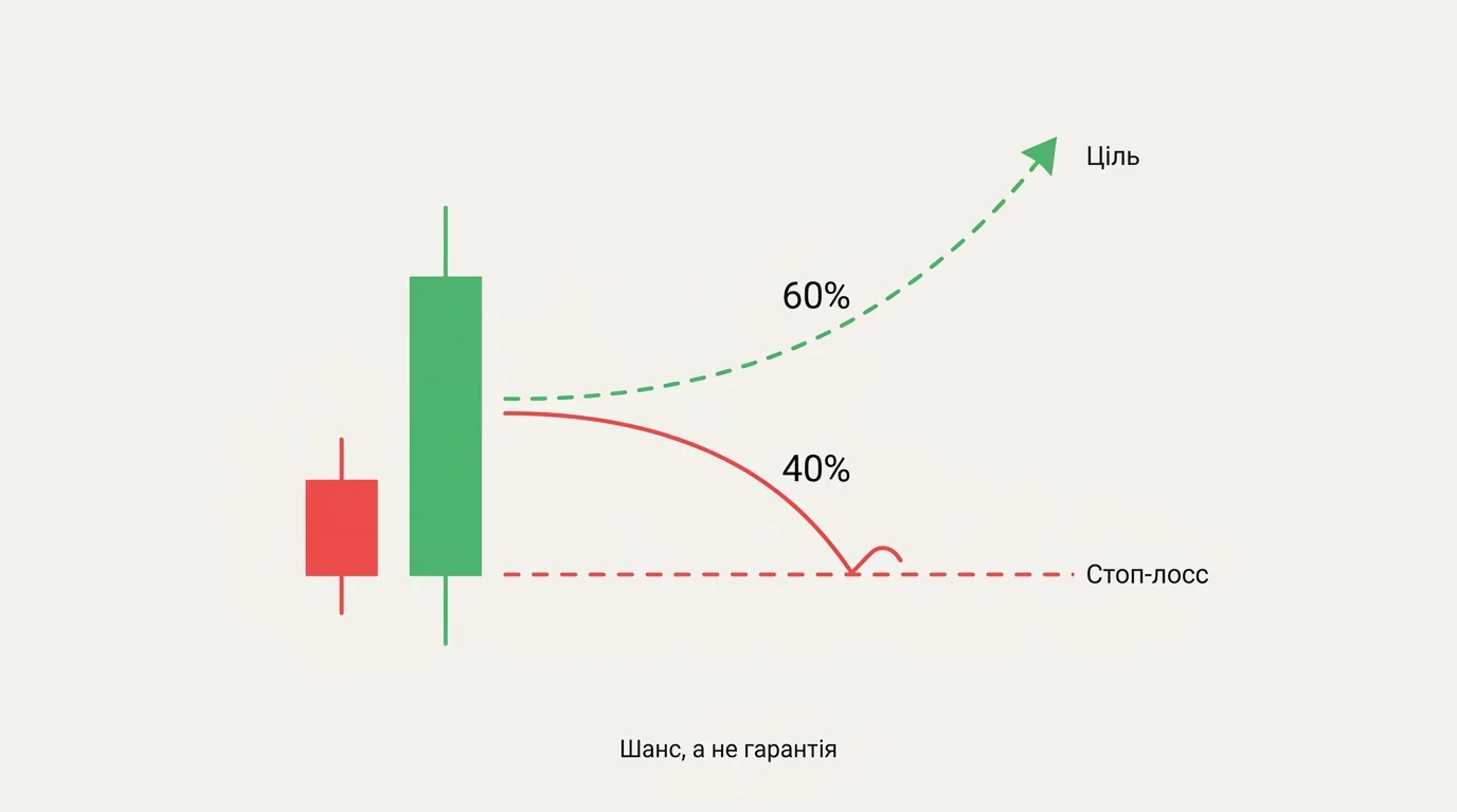 Один і той самий патерн має два можливих сценарії: зелена гілка 60% веде до цілі, червона гілка 40% рухається вниз і зупиняється об лінію Стоп-лосс