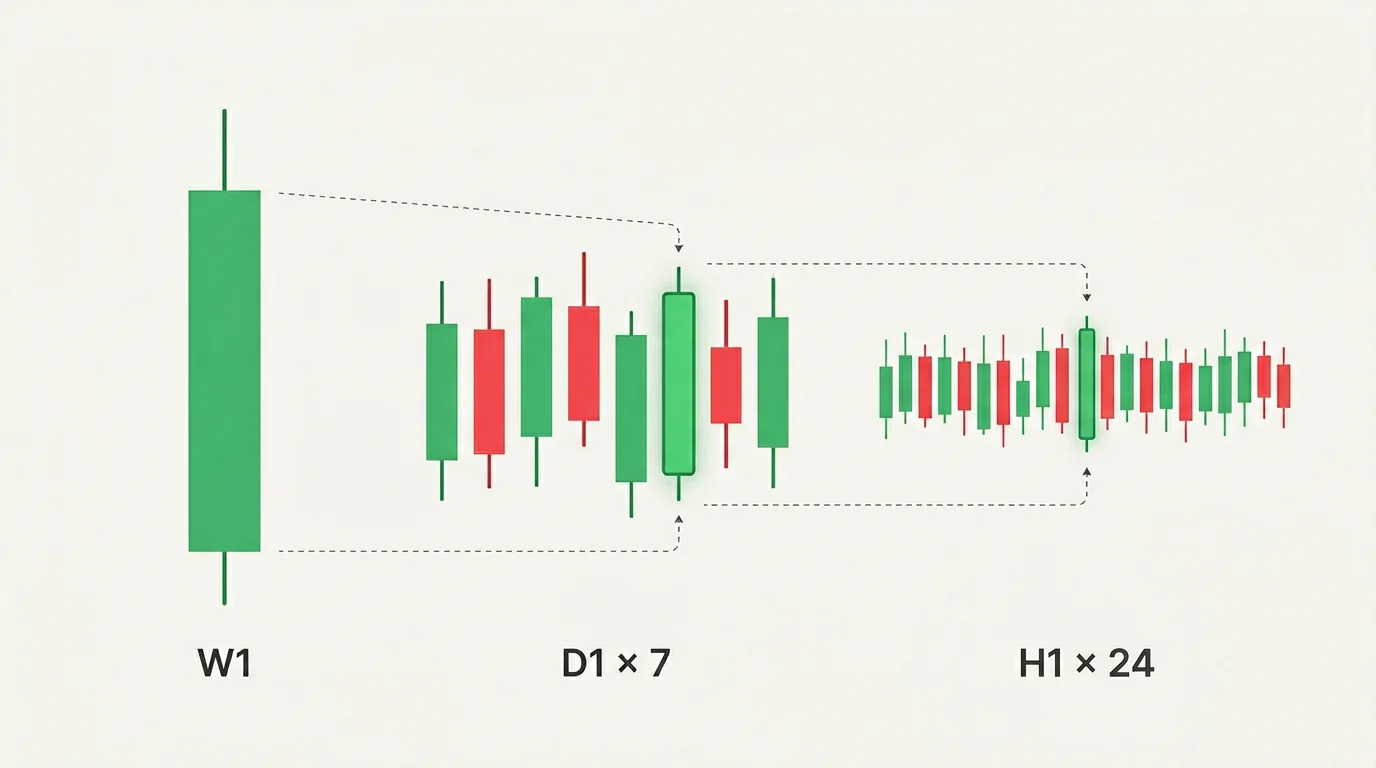 Вкладеність таймфреймів: одна свічка W1 розкладається на 7 свічок D1, а одна з цих D1 — на 24 свічки H1; активні свічки підсвічені та з'єднані пунктирними лініями