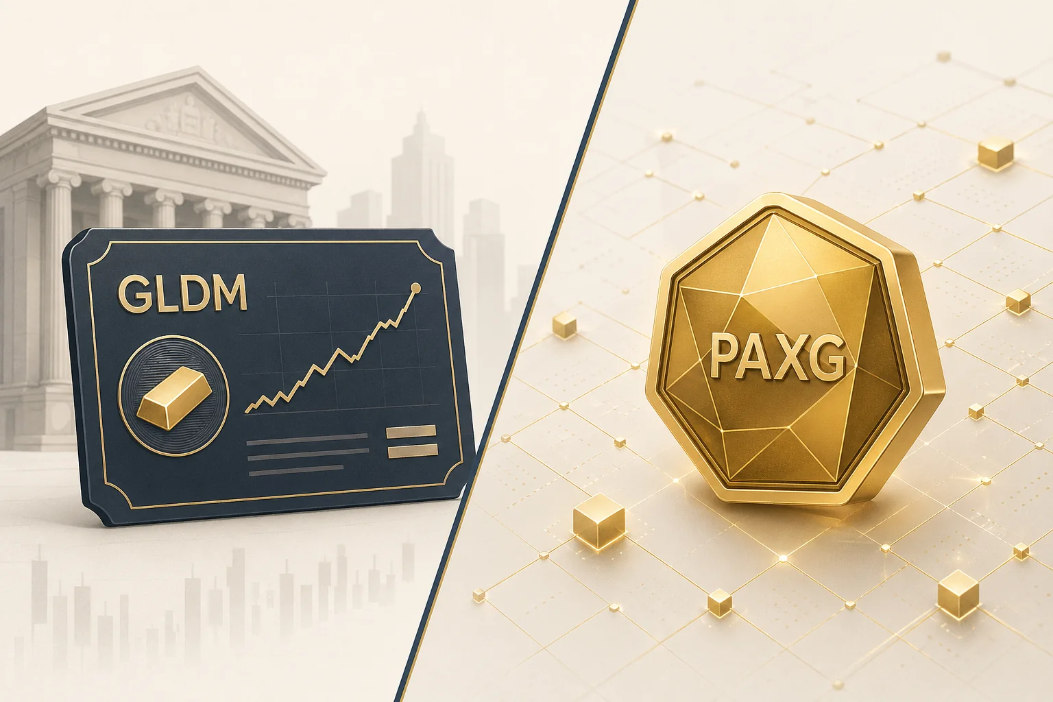 Дві дороги доступу до золота: ліворуч — ETF-картка з тікером GLDM на тлі будівлі біржі; праворуч — багатогранний золотий токен PAXG у мережі blockchain-вузлів