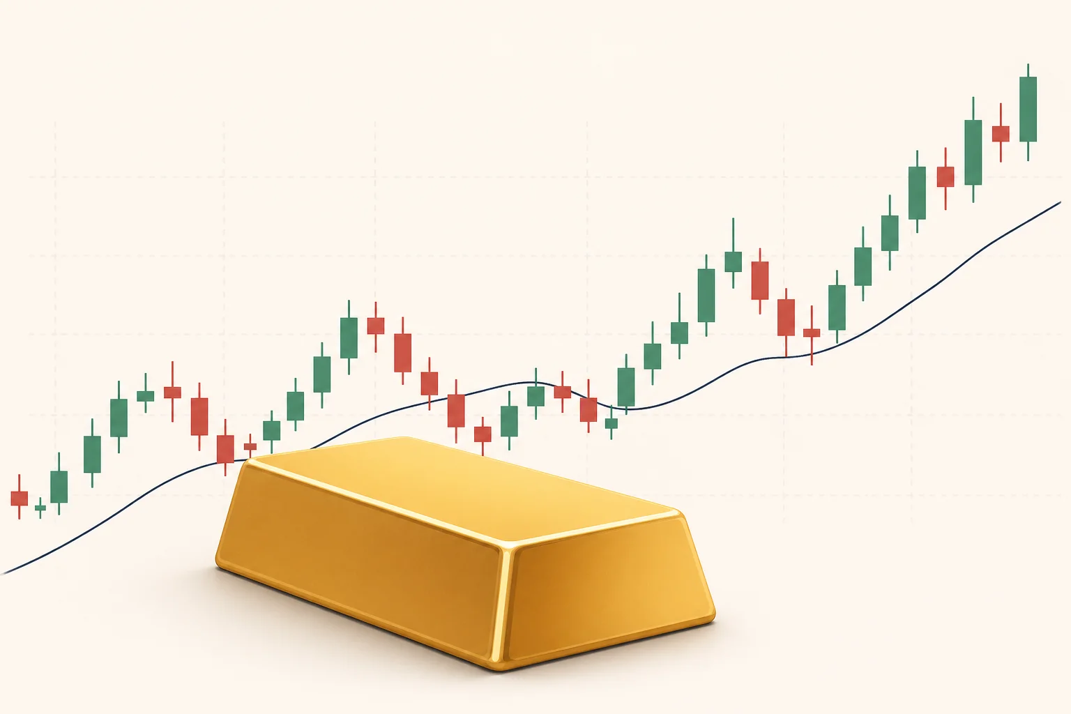 Золотий злиток на фоні абстрактного свічкового графіка з трендовою лінією — метафора торгівлі золотом через технічний аналіз